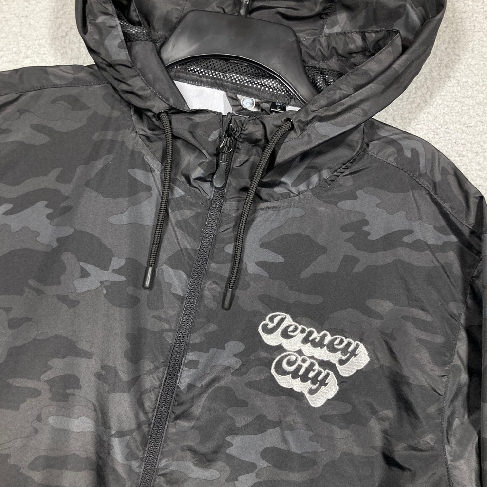 Jersey City Windbreaker Jacket Mens Lg‎ Black Camo Hooded Full Zip Light Weight
